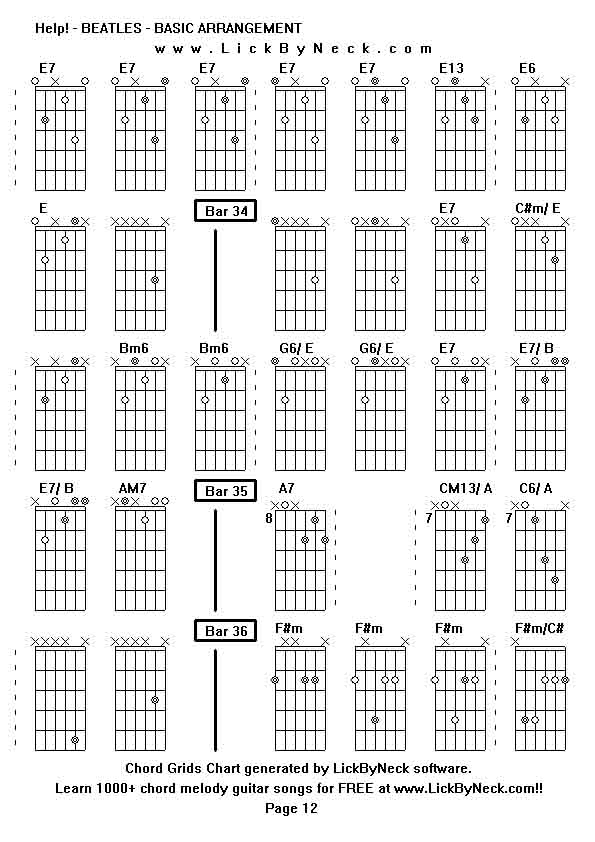 Chord Grids Chart of chord melody fingerstyle guitar song-Help! - BEATLES - BASIC ARRANGEMENT,generated by LickByNeck software.